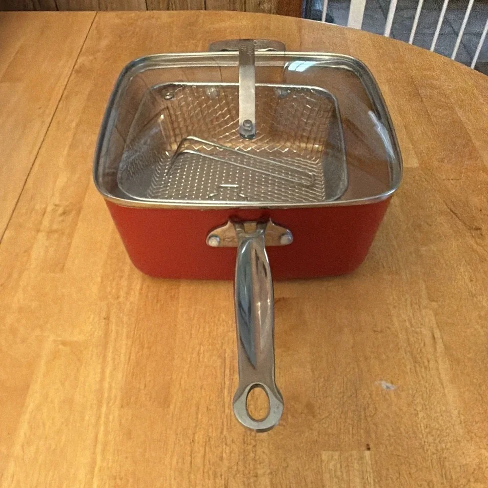 Red Copper Square Non-Stick Frying Pan Set w/ Lid & Fryer Basket, 3pc